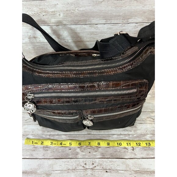 Brighton Crossbody Bag Black Nylon Brown Croc Patent Leather Pockets - Picture 6 of 16